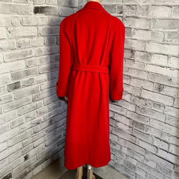 Vintage 90s Red Wool Cashmere Long Overcoat Double Breasted Belted Trench Coat - Picture 6 of 16
